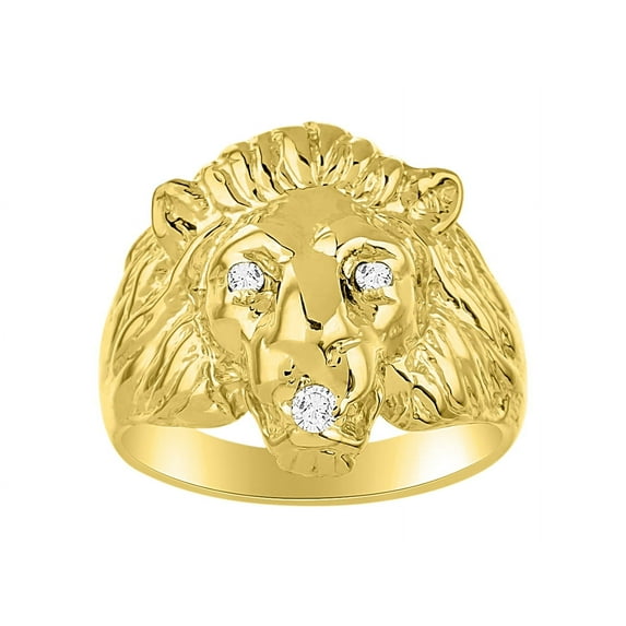 RYLOS 14K Yellow Gold Lion Head Ring Diamond in Mouth & Gemstones in Eyes Fun Designer Rings - Diamond Jewelry Size 13