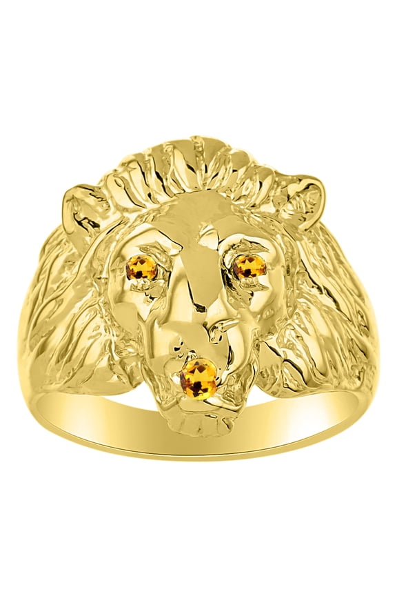 14K Yellow Gold Lion Head Ring Gemstones in Eyes and Mouth Fun Designer Rings For Men Citrine Mens Jewelry Size 8