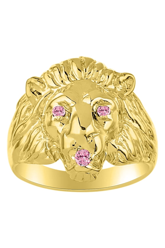 14K Yellow Gold Lion Head Ring Gemstones in Eyes and Mouth Fun Designer Rings For Men Pink Ice Mens Jewelry Size 8