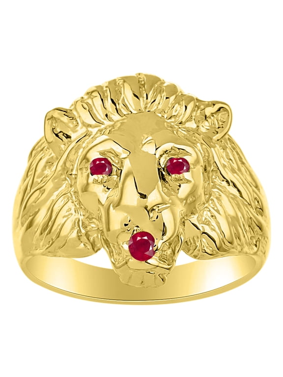 14K Yellow Gold Lion Head Ring Gemstones in Eyes and Mouth Fun Designer Rings For Men Ruby Mens Jewelry Size 7