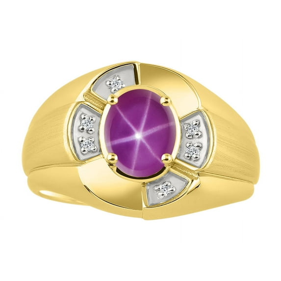 RYLOS 14K Yellow Gold Ring 8X6MM Oval Gemstone & Diamond Unisex Rings Star Ruby July Birthstone Ring Size 10