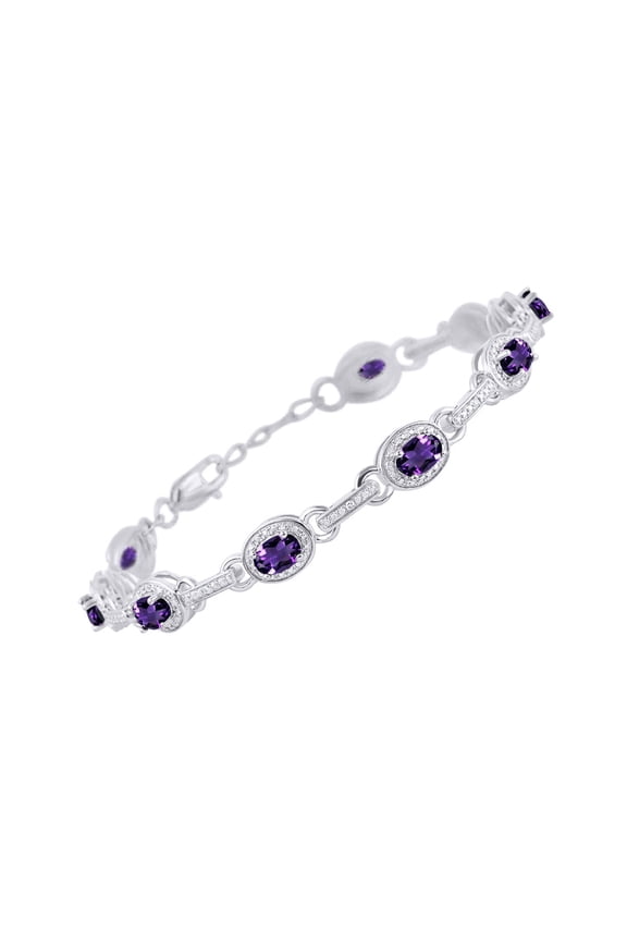 Bracelets for Women 925 Sterling Silver Tennis Bracelet Gemstones & Halo of Diamonds Adjustable to Fit 7"-8" Wrist , 9 - 6X4MM Amethyst Jewelry for Women Friendship Bracelets