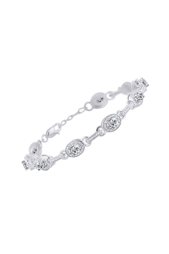 Bracelets for Women 925 Sterling Silver Tennis Bracelet Gemstones & Halo of Diamonds Adjustable to Fit 7"-8" Wrist , 9 Gorgeous 6X4MM White Topaz April Jewelry for Women Friendship Bracelets