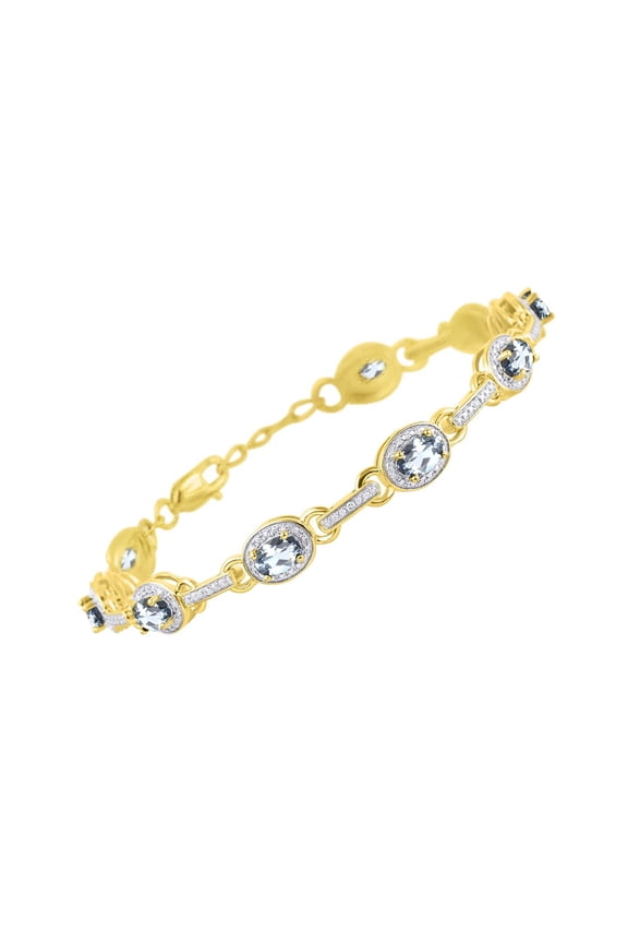 Bracelets for Women 925 Yellow Gold Plated Silver Tennis Bracelet Gemstones & Halo of Diamonds Adjustable to Fit 7"-8" Wrist , 9 - 6X4MM Aquamarine Jewelry for Women Friendship Bracelets