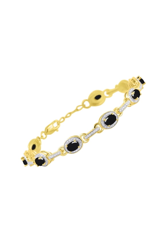 Bracelets for Women 925 Yellow Gold Plated Silver Tennis Bracelet Gemstones & Halo of Diamonds Adjustable to Fit 7"-8" Wrist , 9 - 6X4MM Cabochon Onyx Jewelry for Women Friendship Bracelets