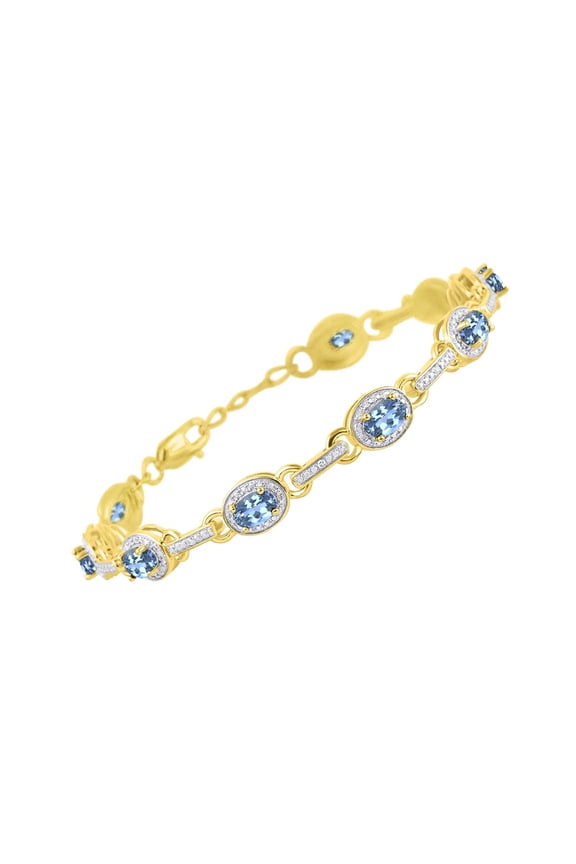 Bracelets for Women 925 Yellow Gold Plated Silver Tennis Bracelet Gemstones & Halo of Diamonds Adjustable to Fit 7"-8" Wrist , 9 Gorgeous 6X4MM Blue Topaz Jewelry for Women Friendship