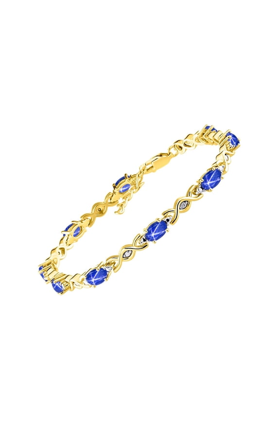 Bracelets for Women 925 Yellow Gold Plated Silver XOXO Hugs & Kisses Bracelet Gemstone & Diamonds Adjustable to Fit 7"-8" Wrist, 10 - 6X4MM Blue Star Sapphire Jewelry for Women