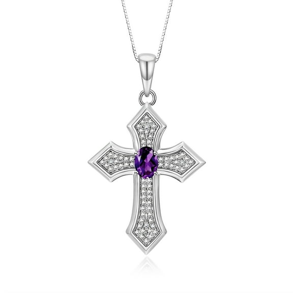RYLOS Cross Necklace: Gemstone & Diamond Sterling Silver 925 Pendant - 7X5MM Birthstone - 18 Chain Amethyst February Birthstone Womens Jewelry Silver Necklace For Women