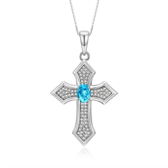 RYLOS Cross Necklace: Gemstone & Diamond Sterling Silver 925 Pendant - 7X5MM Birthstone - 18 Chain Blue Topaz December Birthstone Womens Jewelry Silver Necklace For Women