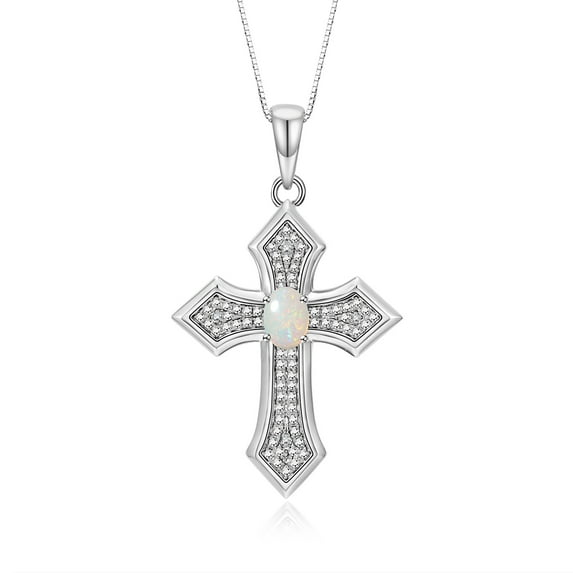RYLOS Cross Necklace: Gemstone & Diamond Sterling Silver 925 Pendant - 7X5MM Birthstone - 18 Chain Opal October Birthstone Womens Jewelry Silver Necklace For Women