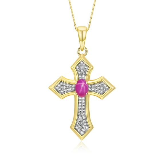 RYLOS Cross Necklace: Gemstone & Diamond Yellow Gold Plated Silver 925 Pendant - 7X5MM Birthstone - 18 Chain 7X5MM Star Ruby July Birthstone Womens Jewelry Silver Necklace For Women