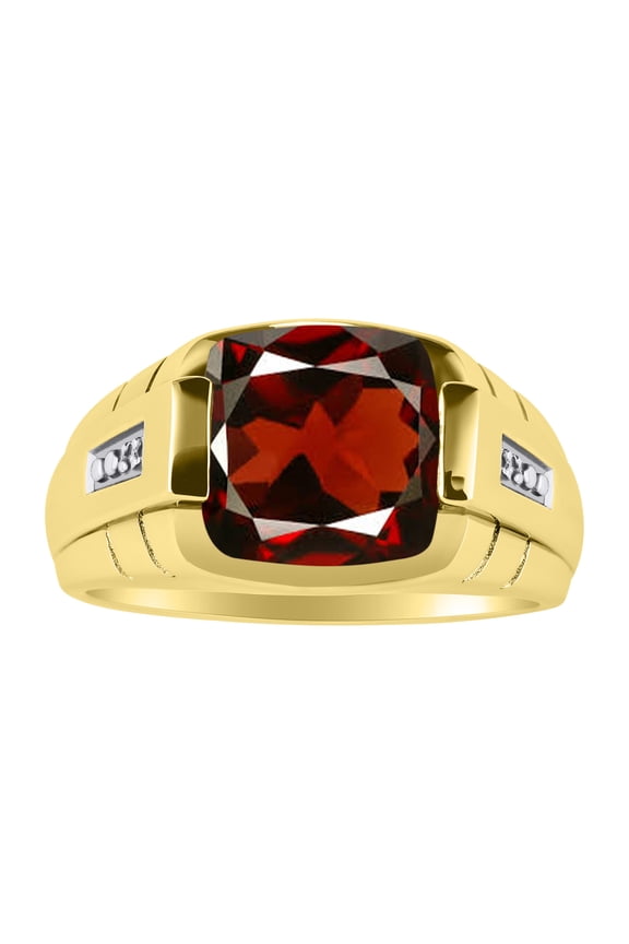 Cushion Shape Checker Top 12MM Garnet Color Stone & Diamonds Set in Yellow Gold Plated Silver Size 8