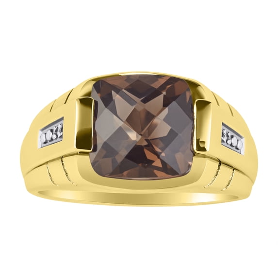 RYLOS Cushion Shape Checker Top 12MM Smoky Quartz Color Stone & Diamonds Set in Yellow Gold Plated Silver Size 9
