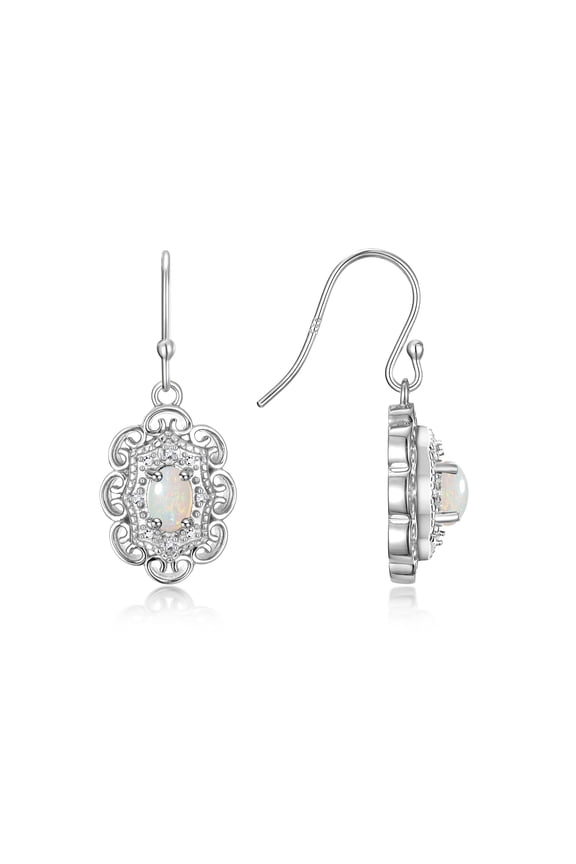 Earrings For Women 14K White Gold Earrings with Oval Shape Gemstone & Genuine Diamonds Dangling Earrings 6X4MM Opal Birthstone Earring Jewelry For Women Gold Earrings