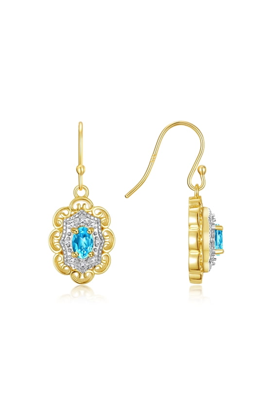 Earrings For Women 14K Yellow Gold Earrings with Oval Shape Gemstone & Genuine Diamonds Dangling Earrings 6X4MM Blue Topaz December Birthstone Earring Jewelry For Women Gold Earrings