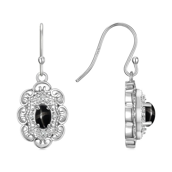 RYLOS Earrings For Women 925 Sterling Silver Earrings with Oval Shape Gemstone & Genuine Diamonds Dangling Earrings 6X4MM Black Star Sapphire Birthstone Earring Jewelry For Women Silver Earrings