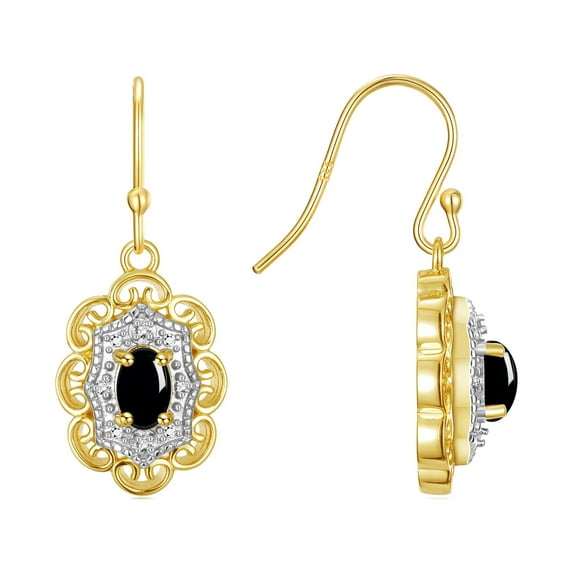 RYLOS Earrings For Women 925 Yellow Gold plated Silver Earrings with Oval Shape Gemstone & Genuine Diamonds Dangling Earrings 6X4MM Cabochon Onyx Birthstone Jewelry For Women Silver Earrings