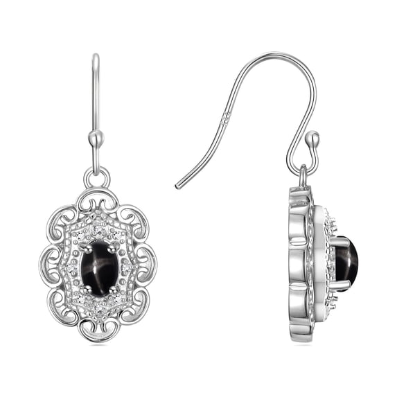 RYLOS Earrings For Women 14K White Gold Earrings with Oval Shape Gemstone & Genuine Diamonds Dangling Earrings 6X4MM Black Star Sapphire March Birthstone Earring Jewelry For Women Gold Earrings