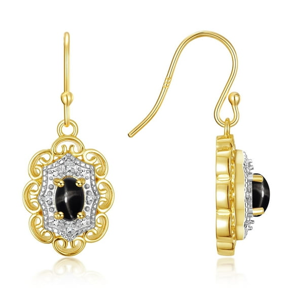 RYLOS Earrings For Women 14K Yellow Gold Earrings with Oval Shape Gemstone & Genuine Diamonds Dangling Earrings 6X4MM Black Star Sapphire Birthstone Earring Jewelry For Women Gold Earrings
