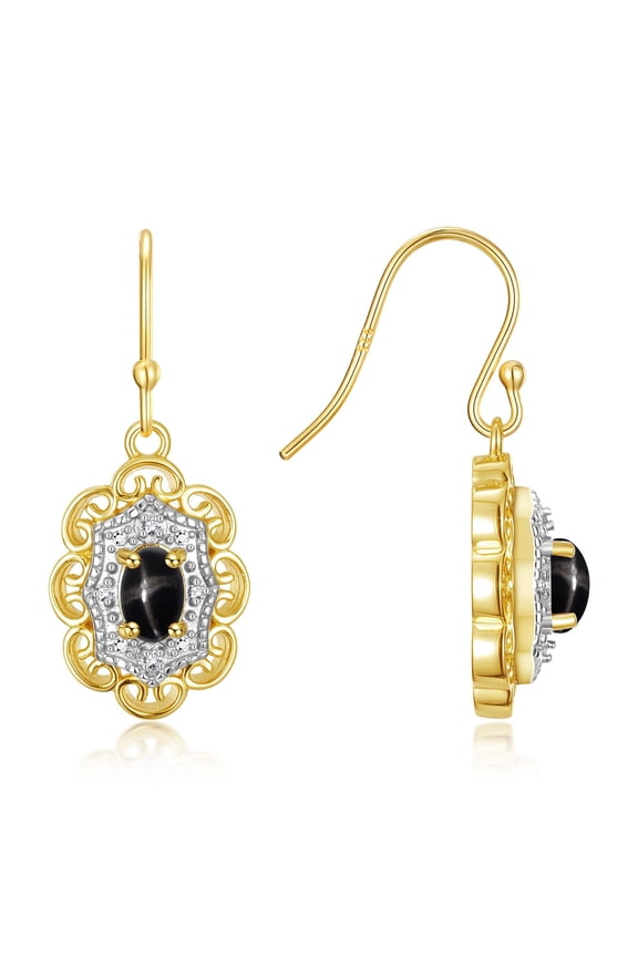 Earrings For Women 14K Yellow Gold Earrings with Oval Shape Gemstone & Genuine Diamonds Dangling Earrings 6X4MM Black Star Sapphire Birthstone Earring Jewelry For Women Gold Earrings