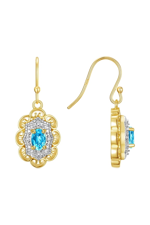 Earrings For Women 14K Yellow Gold Earrings with Oval Shape Gemstone & Genuine Diamonds Dangling Earrings 6X4MM Blue Topaz December Birthstone Earring Jewelry For Women Gold Earrings