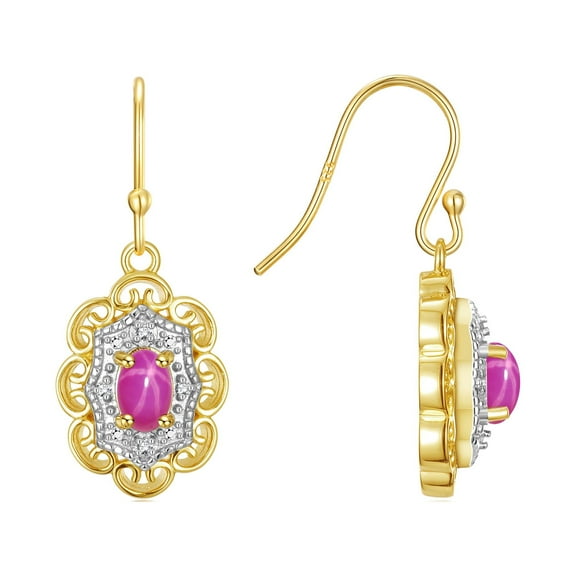 RYLOS Earrings For Women 14K Yellow Gold Earrings with Oval Shape Gemstone & Genuine Diamonds Dangling Earrings 6X4MM Star Ruby Birthstone Earring Jewelry For Women Gold Earrings