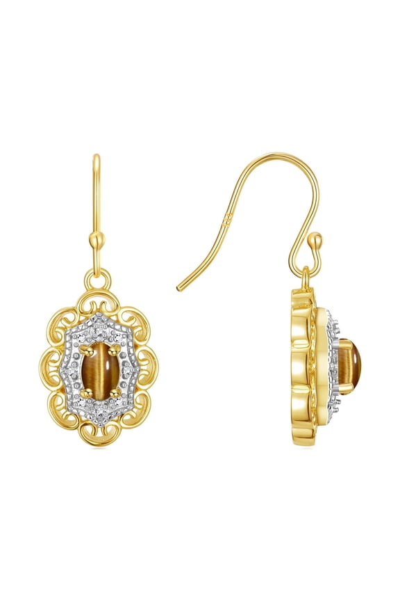 Earrings For Women 14K Yellow Gold Earrings with Oval Shape Gemstone & Genuine Diamonds Dangling Earrings 6X4MM Tiger Eye Birthstone Earring Jewelry For Women Gold Earrings