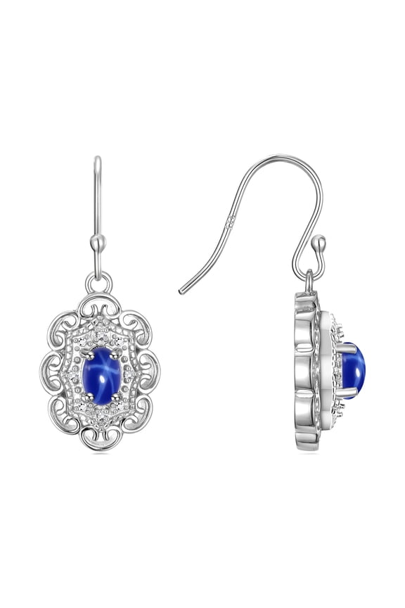Earrings For Women 925 Sterling Silver Earrings with Oval Shape Gemstone & Genuine Diamonds Dangling Earrings 6X4MM Blue Star Sapphire Birthstone Earring Jewelry For Women Silver Earrings
