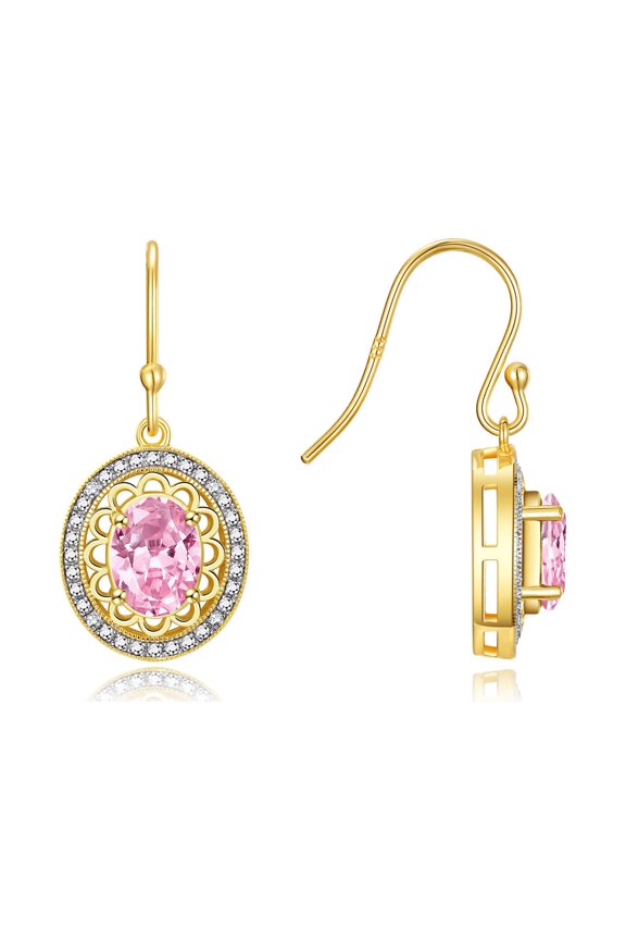 Earrings For Women 925 Yellow Gold plated Silver Earrings Oval Shape Gemstone & Diamonds Princess Diana Inspired 8X6MM Pink Ice Birthstone Jewelry For Women Silver Earring