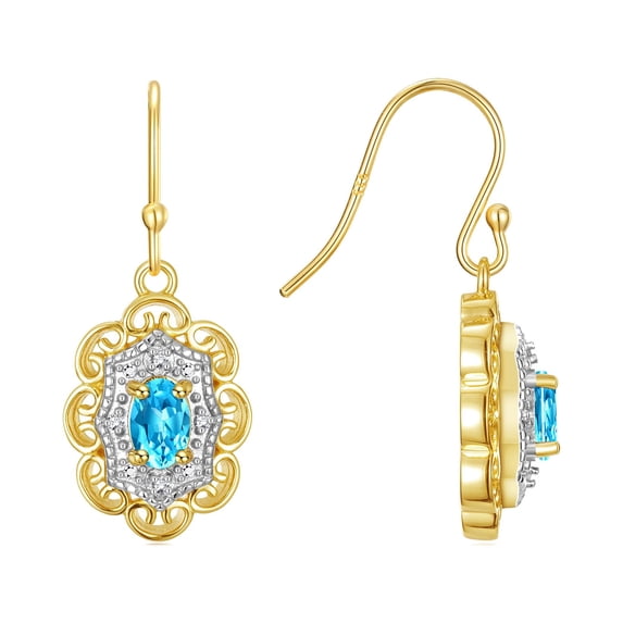 RYLOS Earrings For Women 925 Yellow Gold plated Silver Earrings with Oval Shape Gemstone & Genuine Diamonds Dangling Earring 6X4MM Blue Topaz Birthstone Jewelry Jewelry For Women Silver Earring