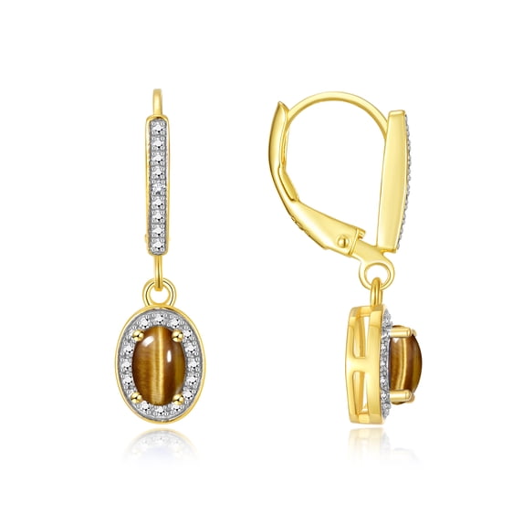 RYLOS Earrings For Women 925 Yellow Gold plated Silver Earrings with Oval Shape Gemstone & Genuine Diamonds Dangling Earrings 6X4MM Tiger Eye Birthstone Earring Jewelry For Women Silver Earrings