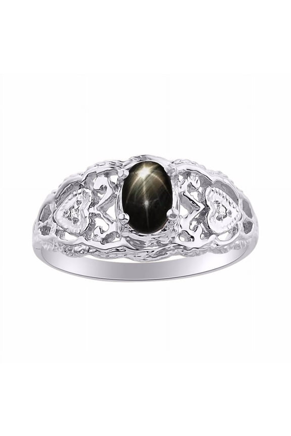 Rings for Women Sterling Silver Ring Filigree Heart Birthstone Ring 6X4MM Gemstone & Diamonds March Black Star Sapphire Jewelry for Women Size 10
