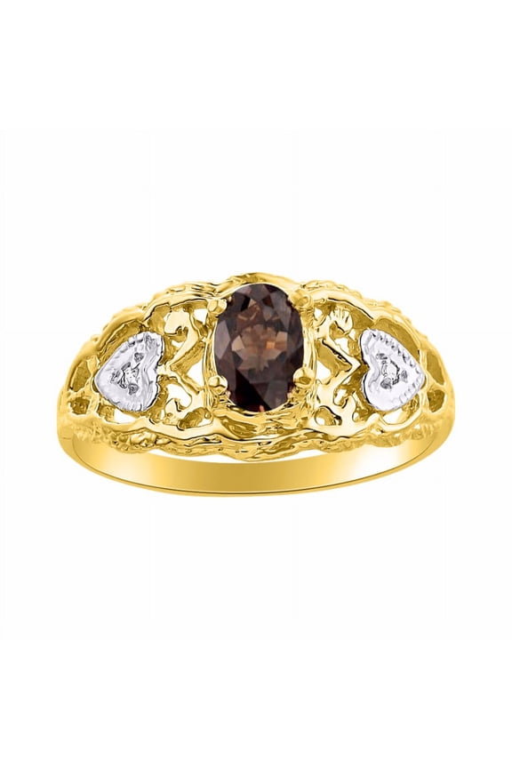 Rings for Women 14K Gold Plated Silver Ring Filigree Heart Birthstone Ring 6X4MM Gemstone & Diamonds Smoky Quartz Jewelry for Women Size 9