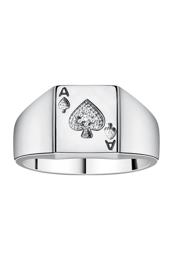 Gambling Rings 14K White Gold Lucky Ace of Spades Poker Ring W/ Diamonds, Size 11