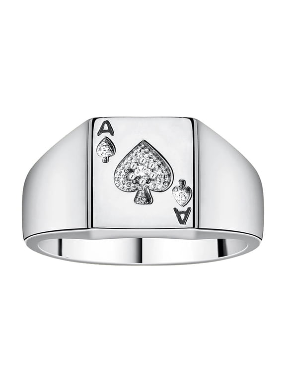 Gambling Rings 14K White Gold Lucky Ace of Spades Poker Ring W/ Diamonds, Size 9