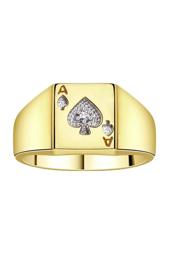 Gambling Rings 14K Yellow Gold Lucky Ace of Spades Poker Ring W/ Diamonds, Size 13
