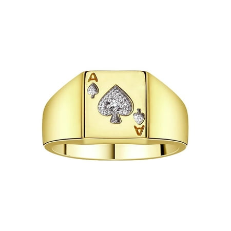 RYLOS Gambling Rings Yellow Gold Plated Silver Lucky Ace of Spades Poker Ring W/ Diamonds, Size 13