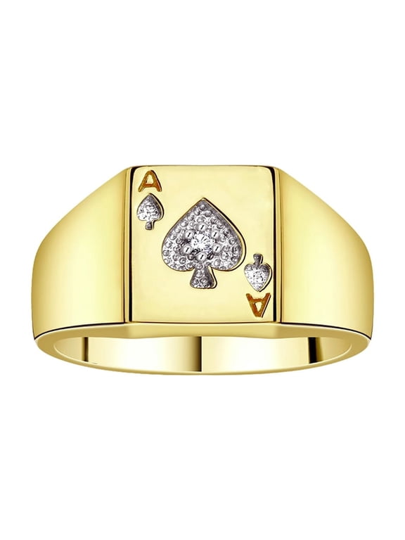 Gambling Rings Yellow Gold Plated Silver Lucky Ace of Spades Poker Ring W/ Diamonds, Size 13