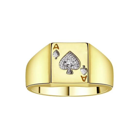 RYLOS Gambling Rings Yellow Gold Plated Silver Lucky Ace of Spades Poker Ring W/ Diamonds, Size 7
