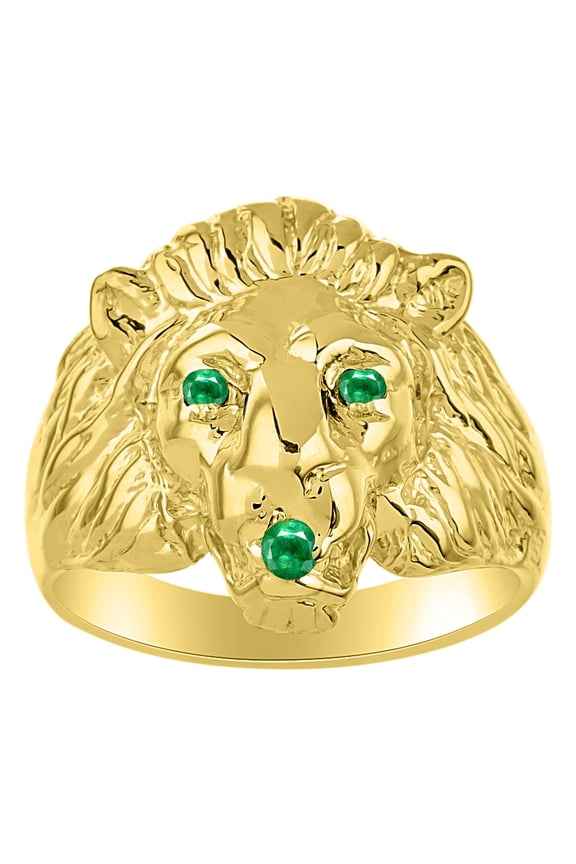 Gold Plated Silver Lion Head Ring Color Stone Birthstones Eyes and Mouth Fun Designer Rings Emerald Jewelry Size 11