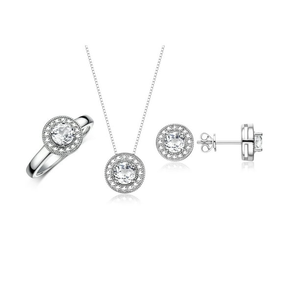 RYLOS Halo Designer Matching Set Sterling Silver: Ring, Earring & Pendant Necklace. Gemstone & Diamonds, 4MM White Topaz April Birthstone; Size 7