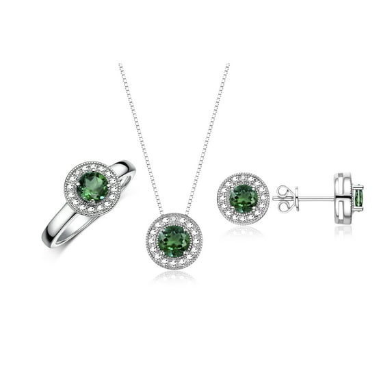 RYLOS Halo Designer Matching Set Sterling Silver: Ring, Earrings & Necklace Gemstone & Diamonds 4MM Green Sapphire September Birthstone; Size 6