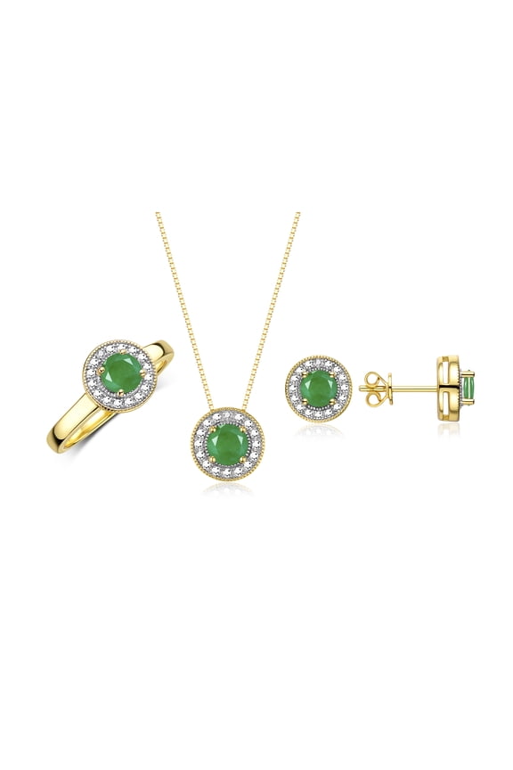Halo Designer Matching Set Yellow Gold Plated Silver: Ring, Earring & Pendant Necklace Gemstone &  Diamonds 4MM Emerald May Birthstone; Size 6