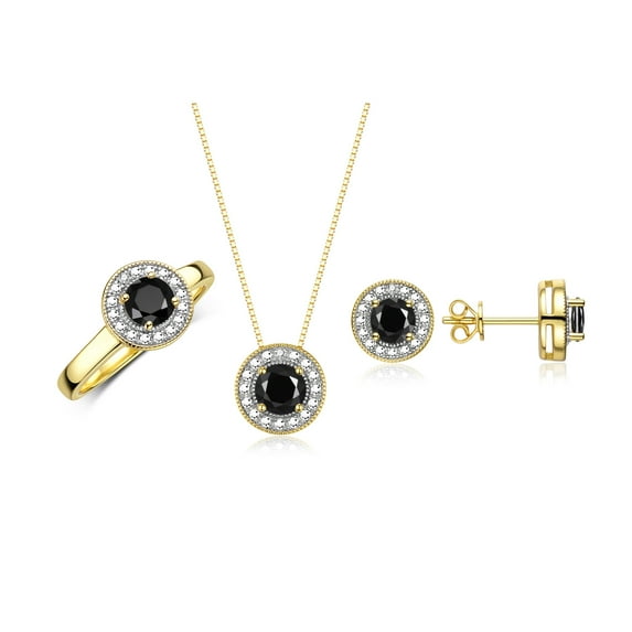 RYLOS Halo Designer Matching Set Yellow Gold Plated Silver: Ring, Earring & Pendant Necklace Gemstone & Diamonds 4MM Onyx October Birthstone; Size 9