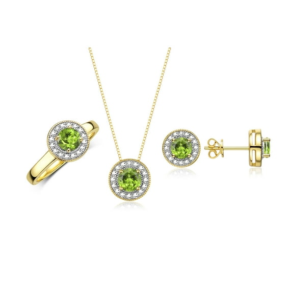 RYLOS Halo Designer Matching Set Yellow Gold Plated Silver: Ring, Earring & Pendant Necklace Gemstone & Diamonds 4MM Peridot August Birthstone; Size 5