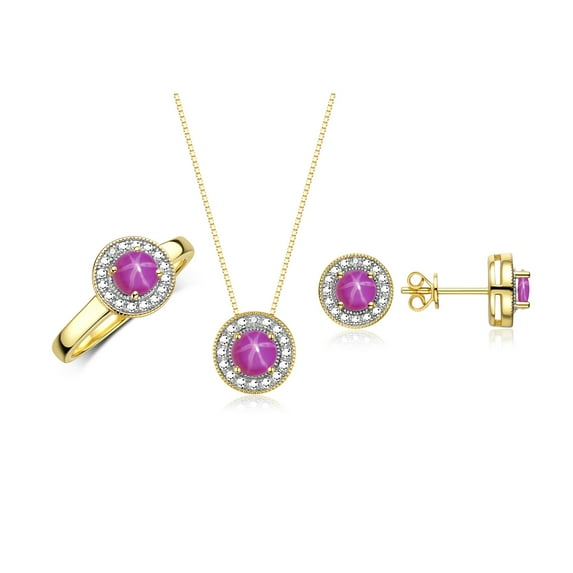 RYLOS Halo Designer Matching Set Yellow Gold Plated Silver: Ring, Earring & Pendant Necklace Gemstone & Diamonds 4MM Star Ruby July Birthstone; Size 5