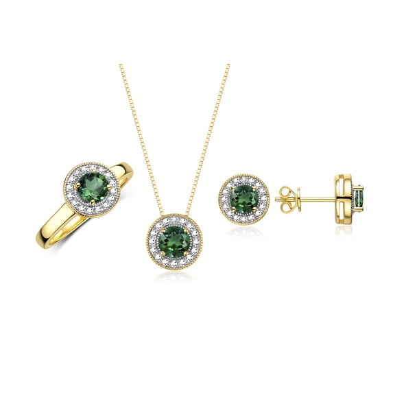 RYLOS Halo Designer Matching Set Yellow Gold Plated Silver: Ring, Earrings & Necklace. Gemstone & Diamonds, 4MM Green Sapphire Birthstone; Size 6