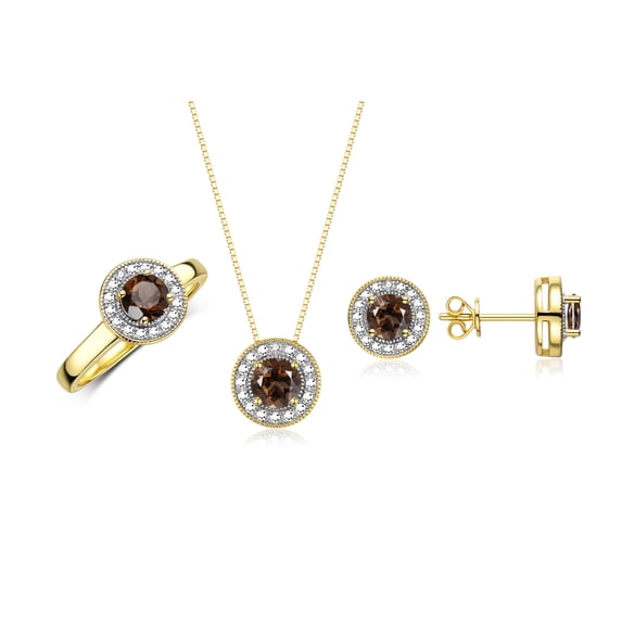 RYLOS Halo Designer Matching Set Yellow Gold Plated Silver: Ring, Earrings & Necklace. Gemstone & Diamonds, 4MM Smoky Quartz June Birthstone; Size 5