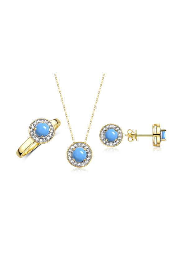Halo Designer Matching Set Yellow Gold Plated Silver: Ring, Earrings & Necklace. Gemstone & Diamonds, 4MM Turquoise December Birthstone; Size 9