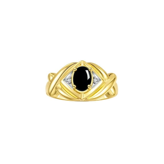 RYLOS Rings for Women 14K Gold Plated Silver Ring XOXO Hugs & Kisses 7X5MM Gemstone & Diamond Cabochon Onyx Jewelry Size 8